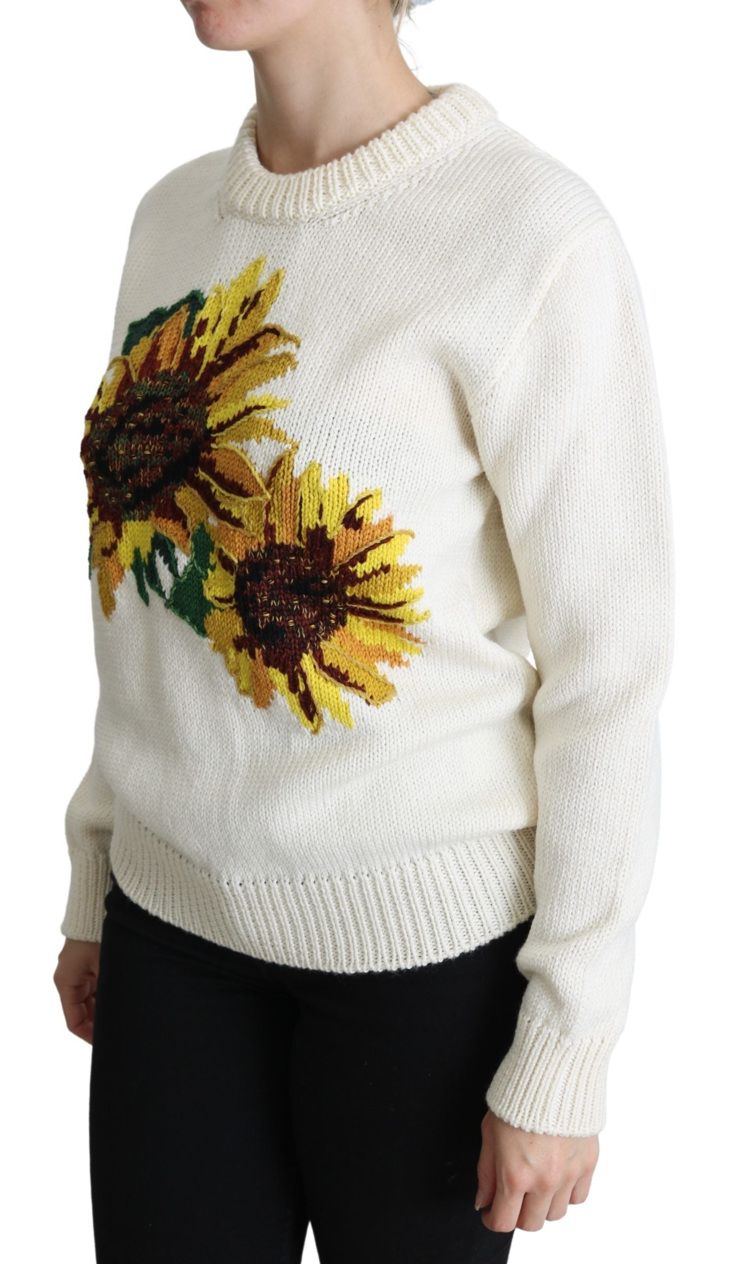 Dolce & Gabbana White Floral Wool Pullover Sunflower Sweater