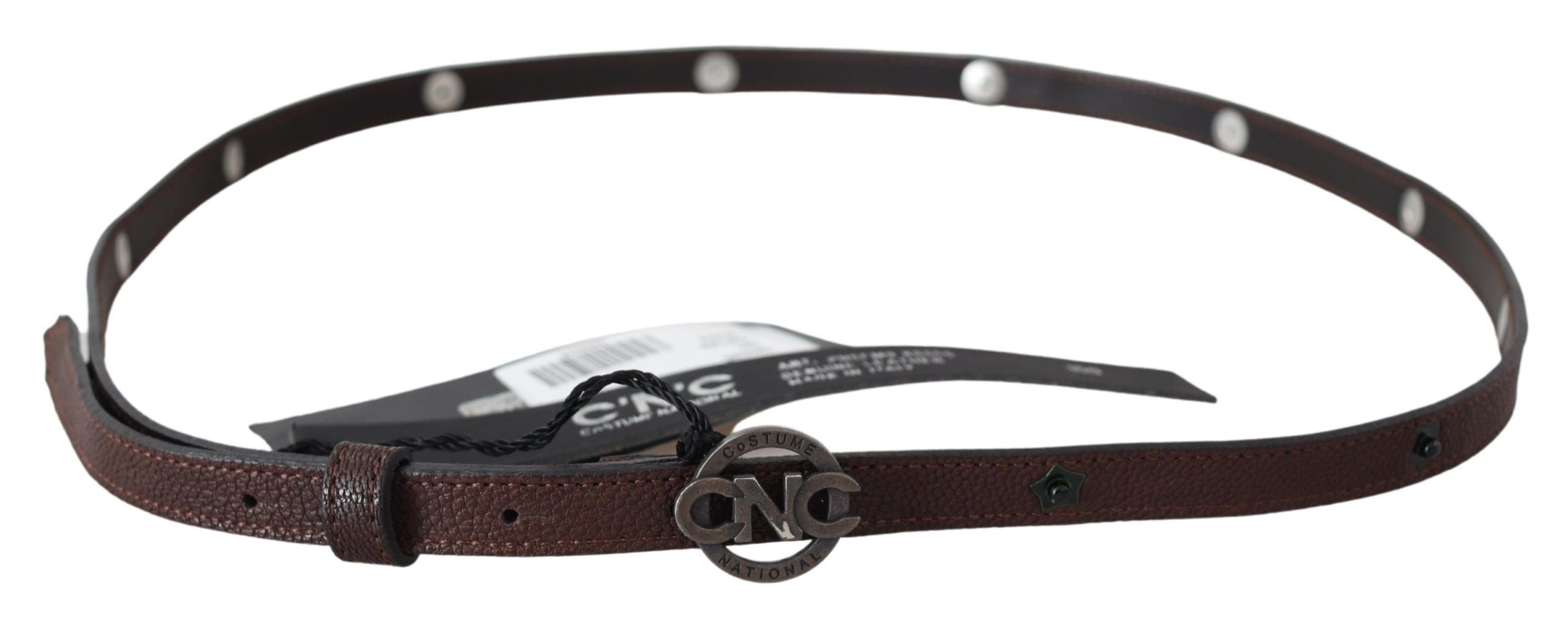 Costume National Brown Skinny Leather Round Logo Buckle Belt