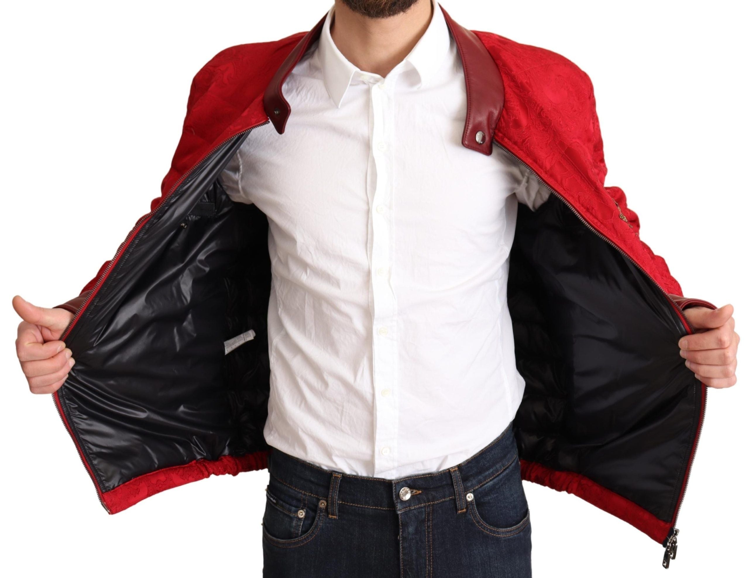 Dolce & Gabbana Red Brocade Bomber Gold Crown Logo Coat Jacket