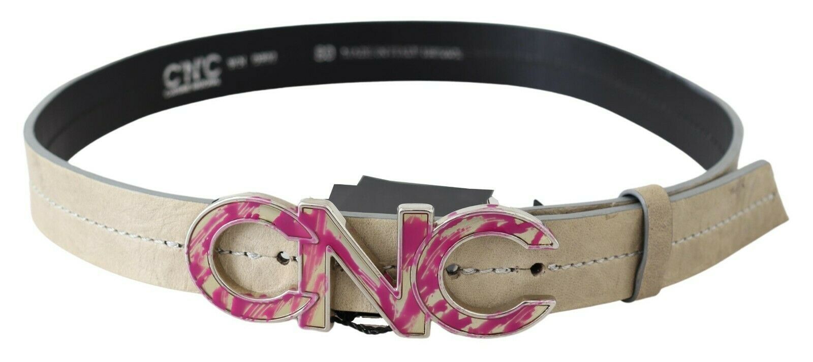 Costume National Beige Leather Pink Letter Logo Buckle Belt