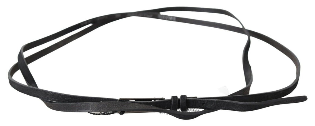 Costume National Black Leather Skinny Logo Buckle Belt