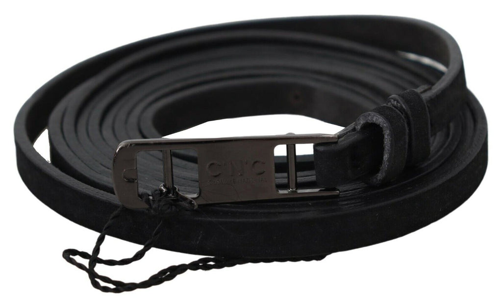 Costume National Black Leather Skinny Logo Buckle Belt