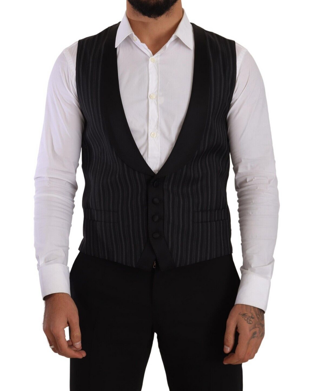 Dolce & Gabbana Black Striped Wool Silk Waistcoat Vest