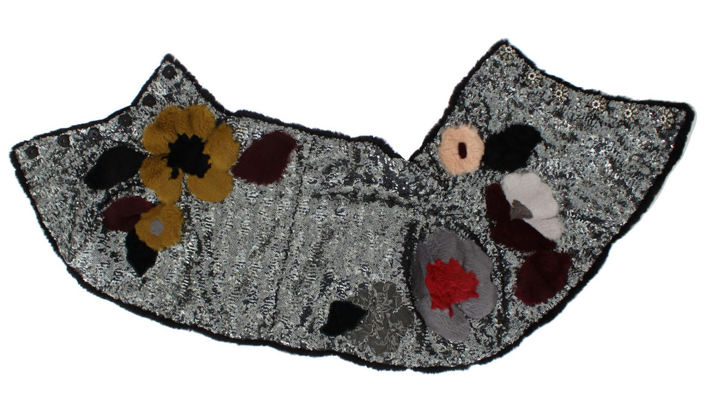 Dolce & Gabbana Silver Sequined Floral Weasel Fur Shoulder Scarf Wrap