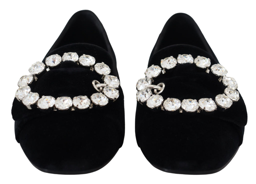 Dolce & Gabbana Black Velvet Crystals Loafers Flats Shoes