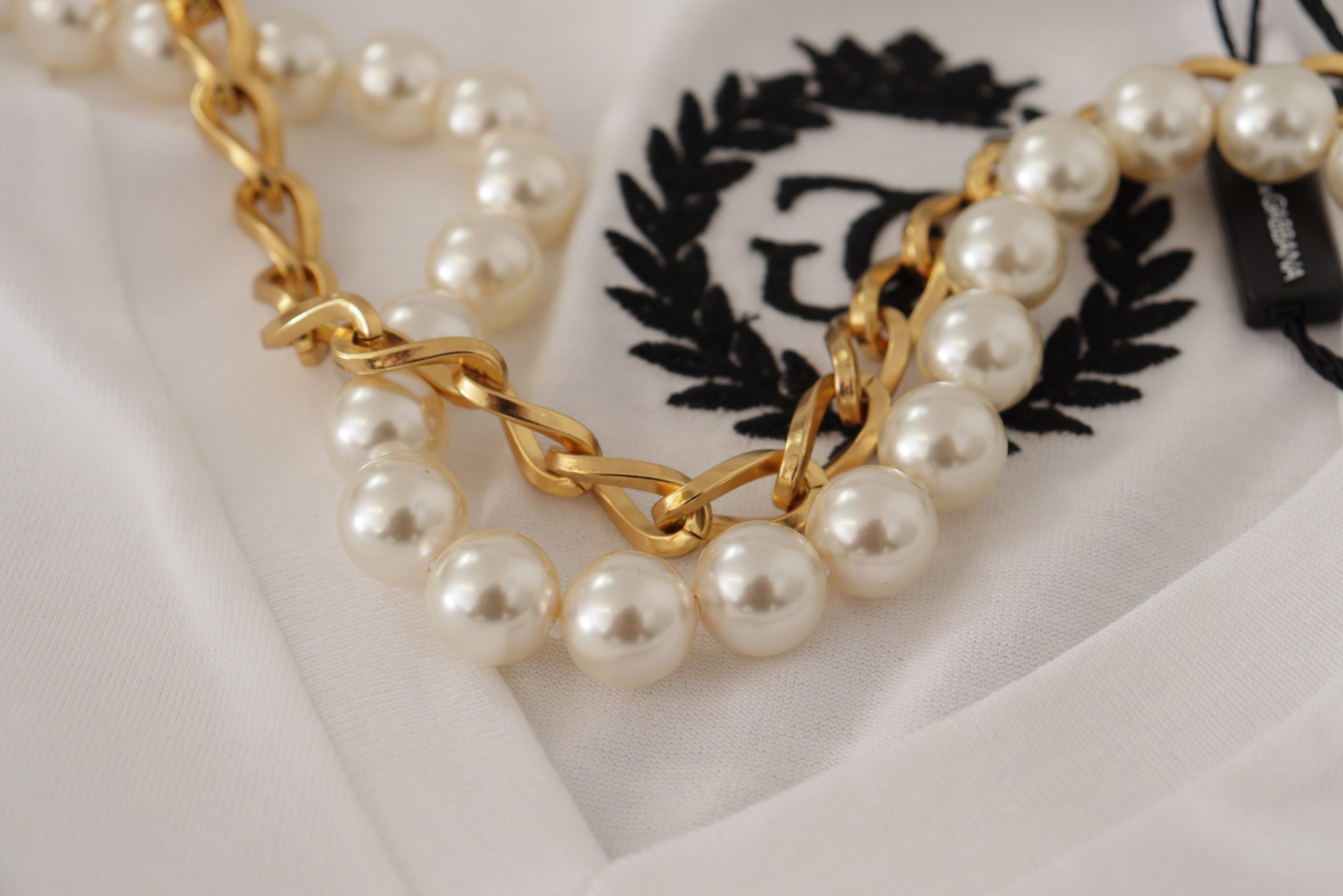 Dolce & Gabbana White Necklace Embellished Neckline T-shirt Top