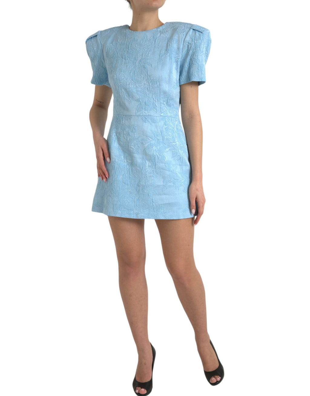 Dolce & Gabbana Light Blue Floral Jacquard Puff Sleeve Mini Dress