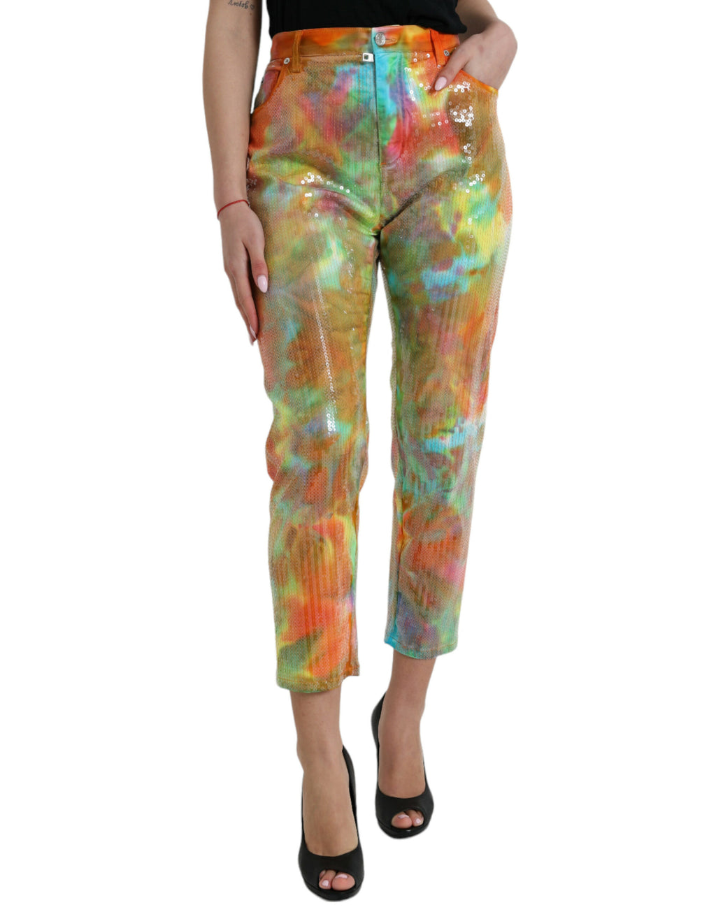 Dolce & Gabbana Multicolor Tie Dye Sequined High Waist Cropped Pants