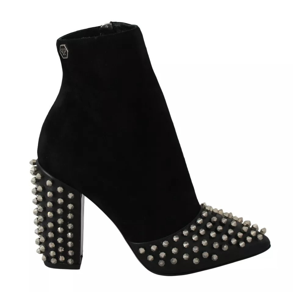 Black Suede Studded Heels Ankle Boots Shoes