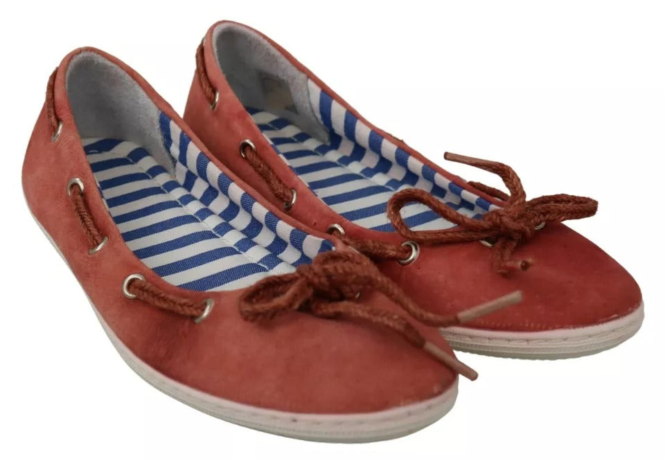 Coral Suede Lace Bow Loafers Ballet Flat Shoes