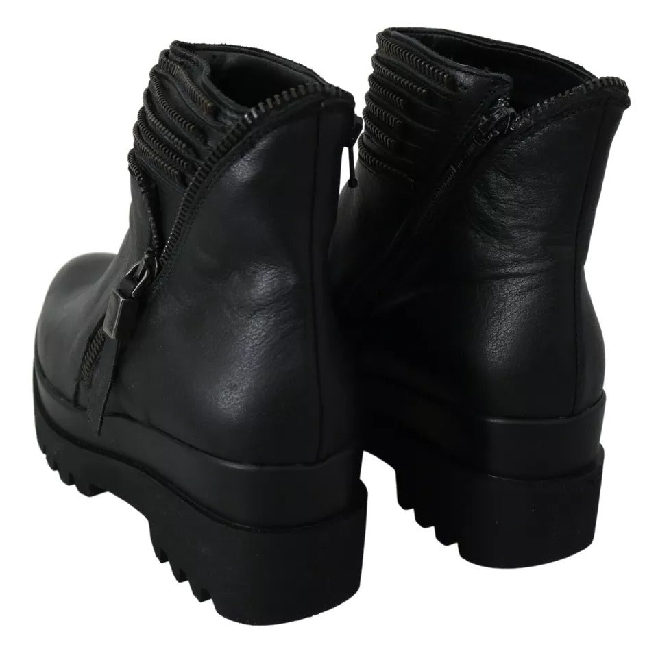 Black Leather Zipper Ankle Boots Shoes