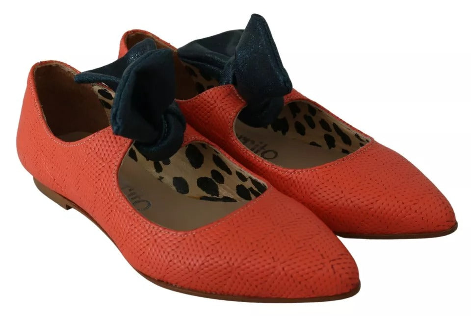 Orange Leather Bow Slip-on Loafers Ballet Flat Shoes