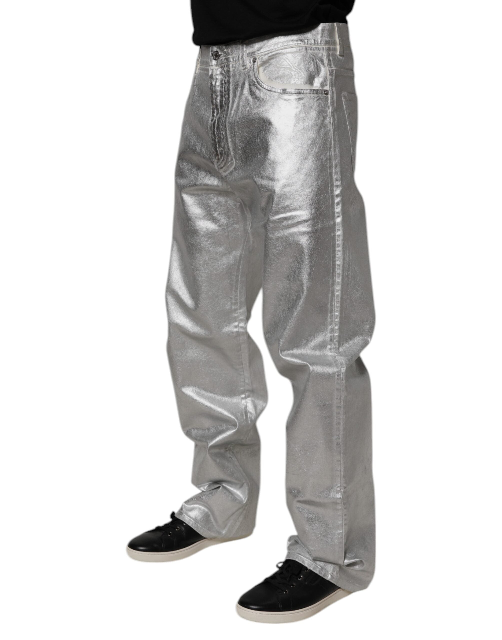Metallic Silver Cotton Straight Denim Jeans