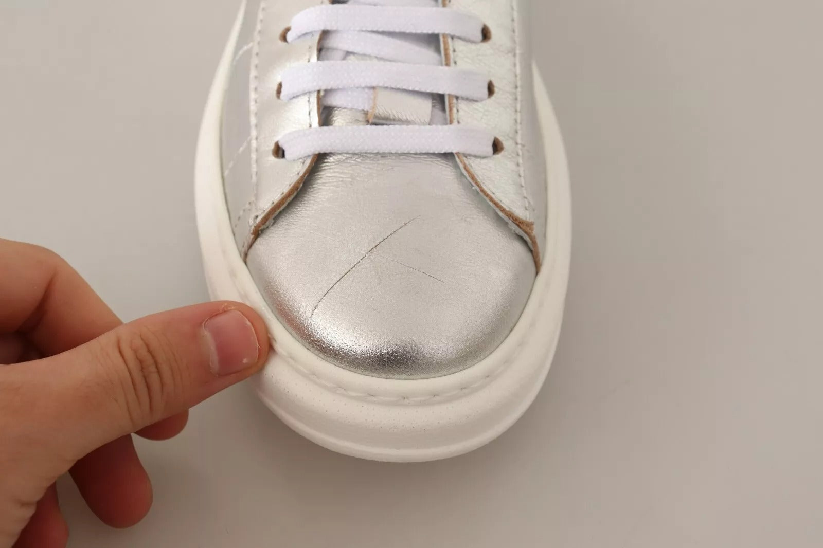 Silver Full Grain Leather Lace Up Sneakers Shoes