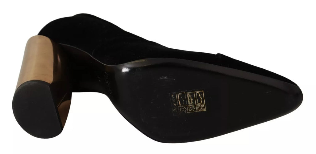 Black Leather Suede Block Heels Pumps Shoes