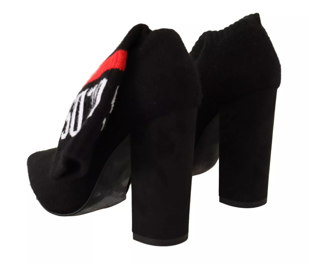 Black Suede Logo Socks Block Heel Ankle Boots Shoes