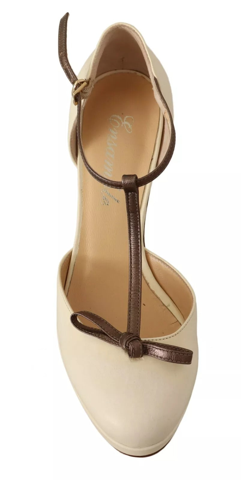 Off White Leather T-Strap Heels Sandals Shoes