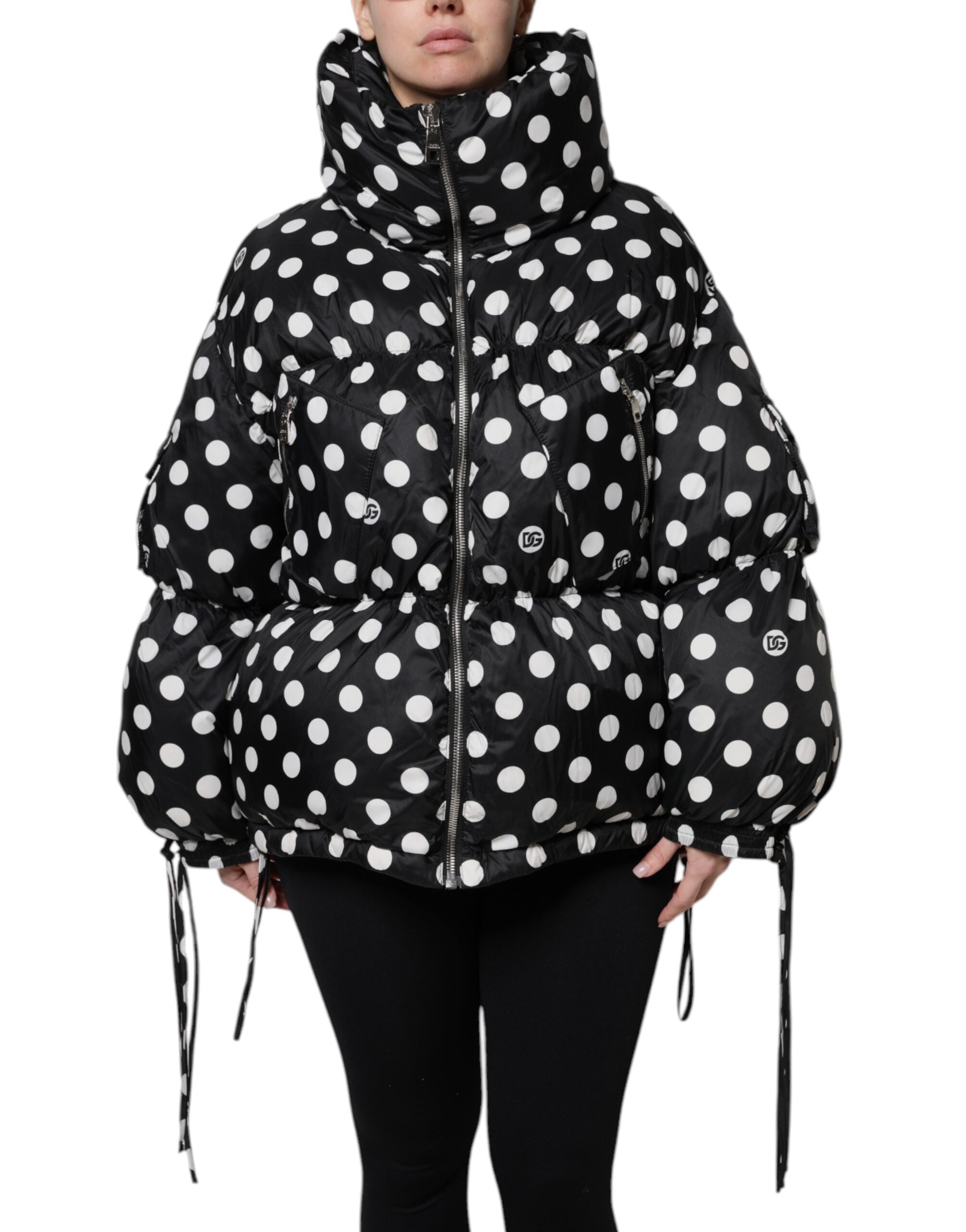 Black White Polka Dot Full Zip Puffer Jacket