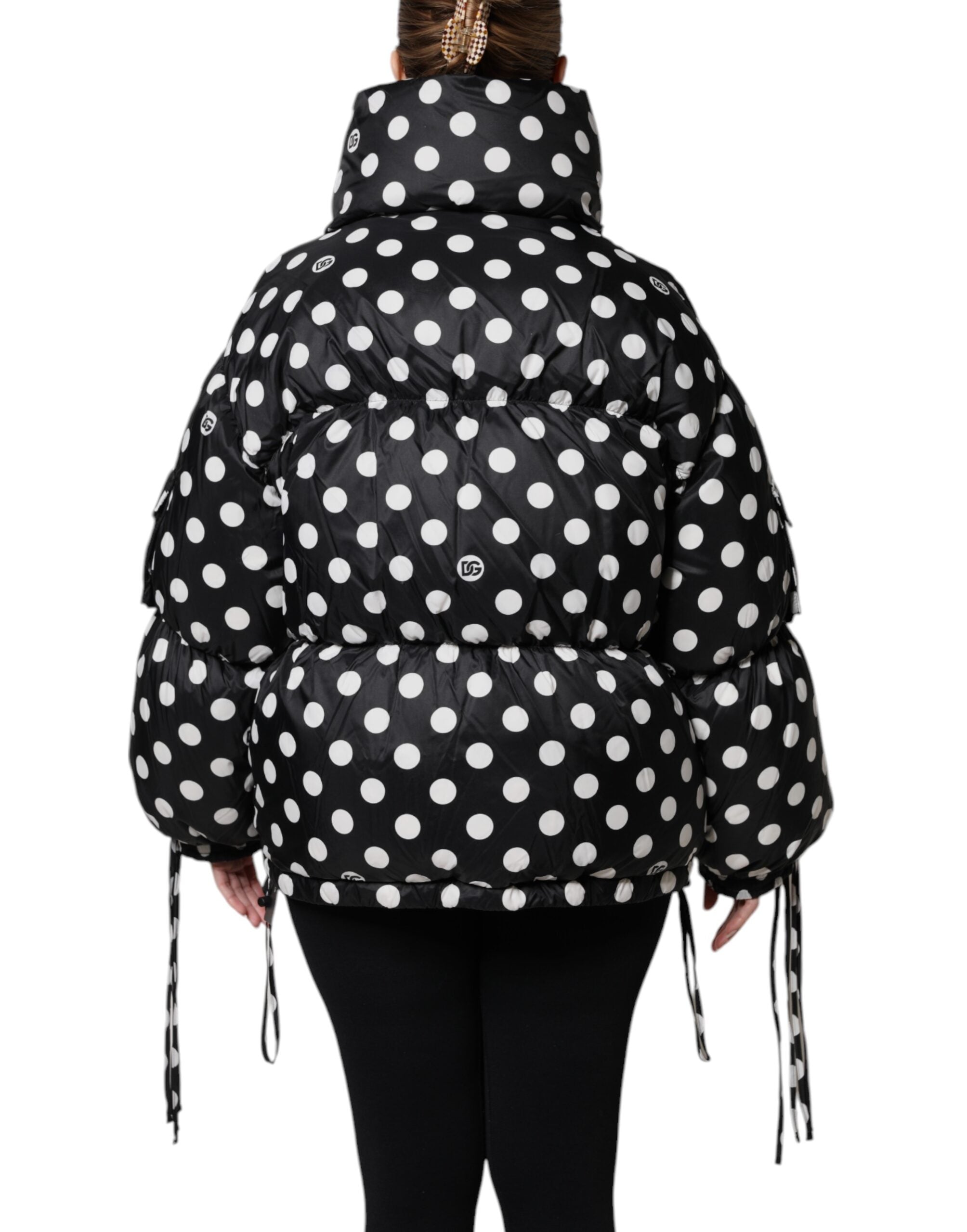 Black White Polka Dot Full Zip Puffer Jacket