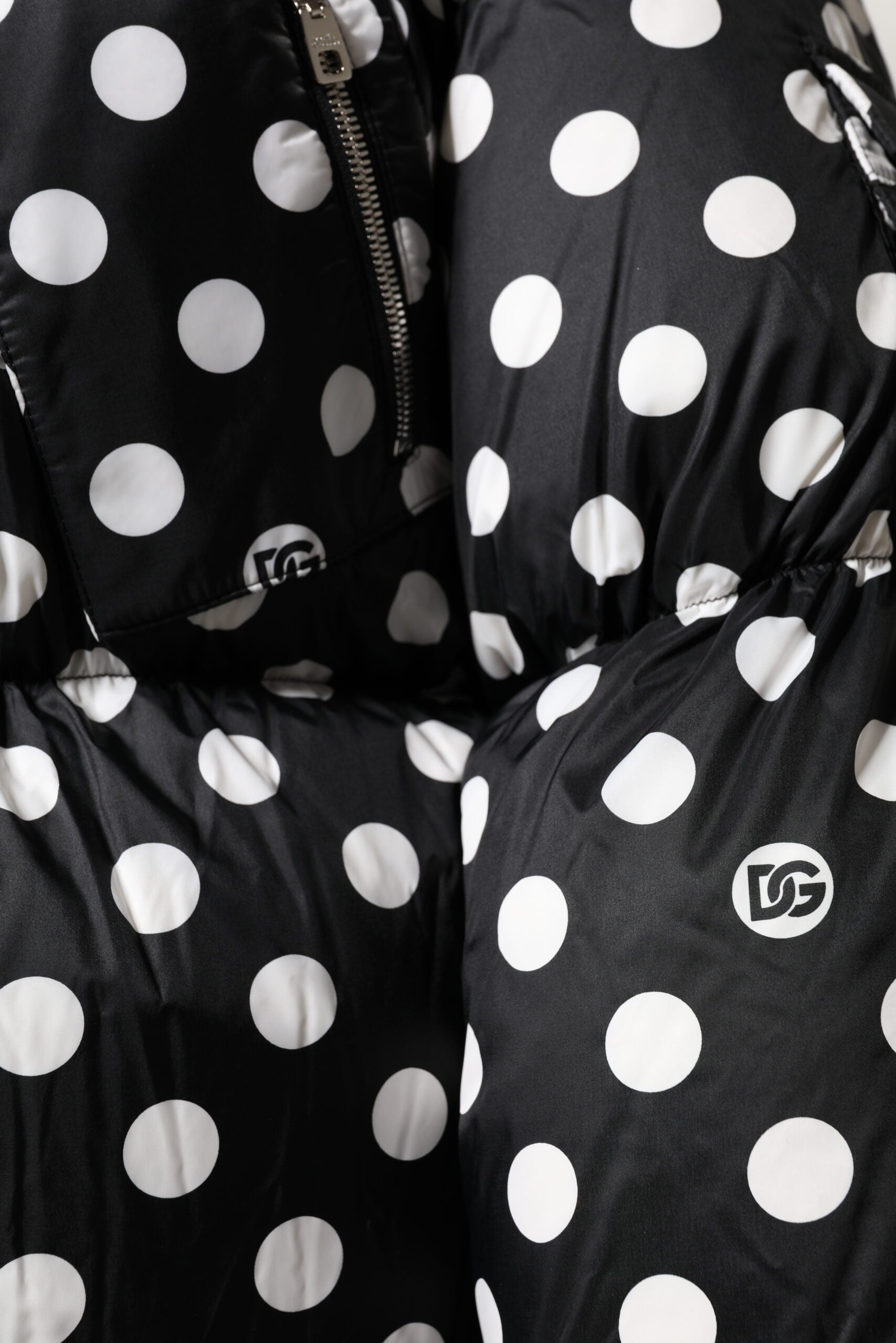 Black White Polka Dot Full Zip Puffer Jacket