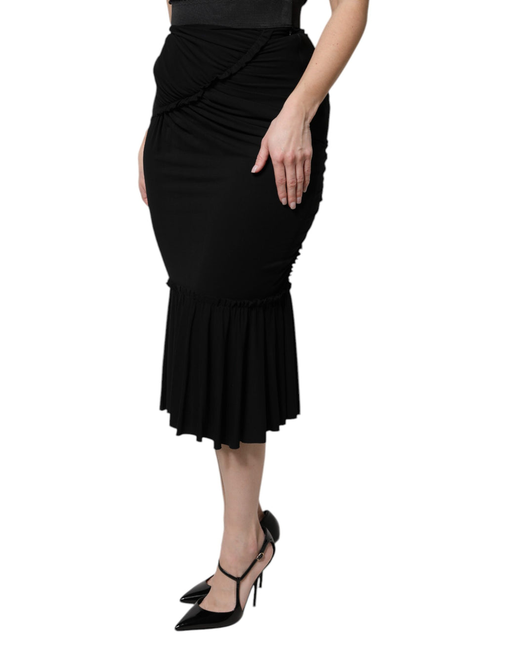 Black Mermaid Cut High Waist Midi Skirt