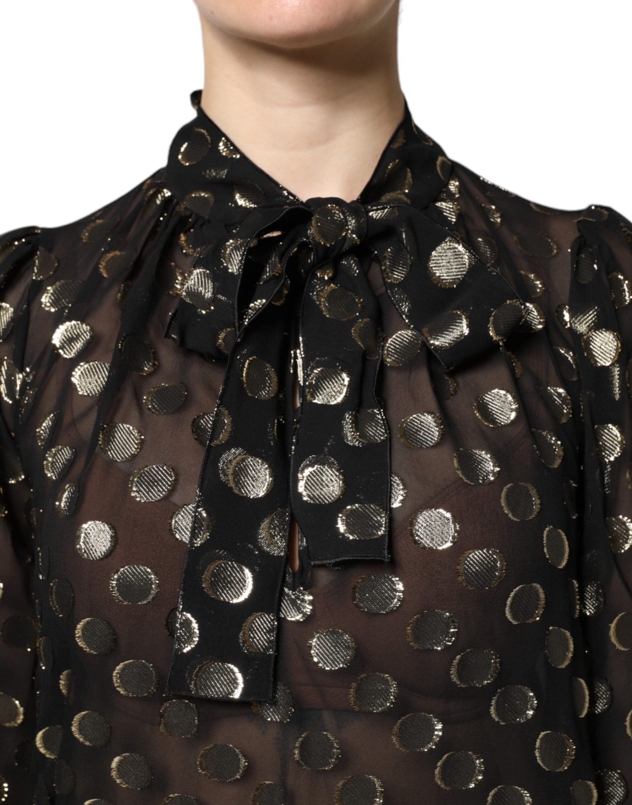 Black Sheer Tied Neck Polka Dots Blouse Top
