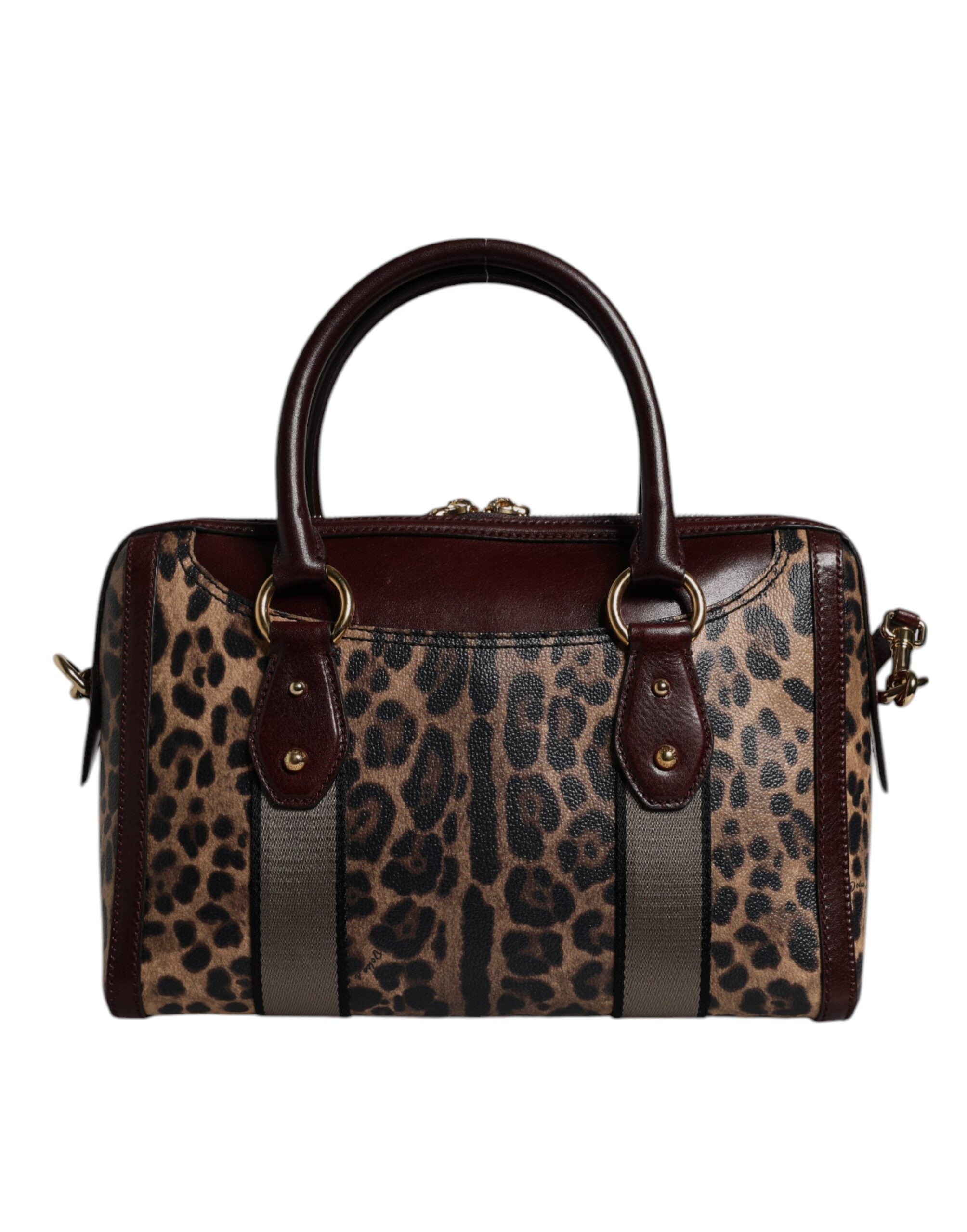 Brown Leopard Leather Shoulder Strap Duffle Bag