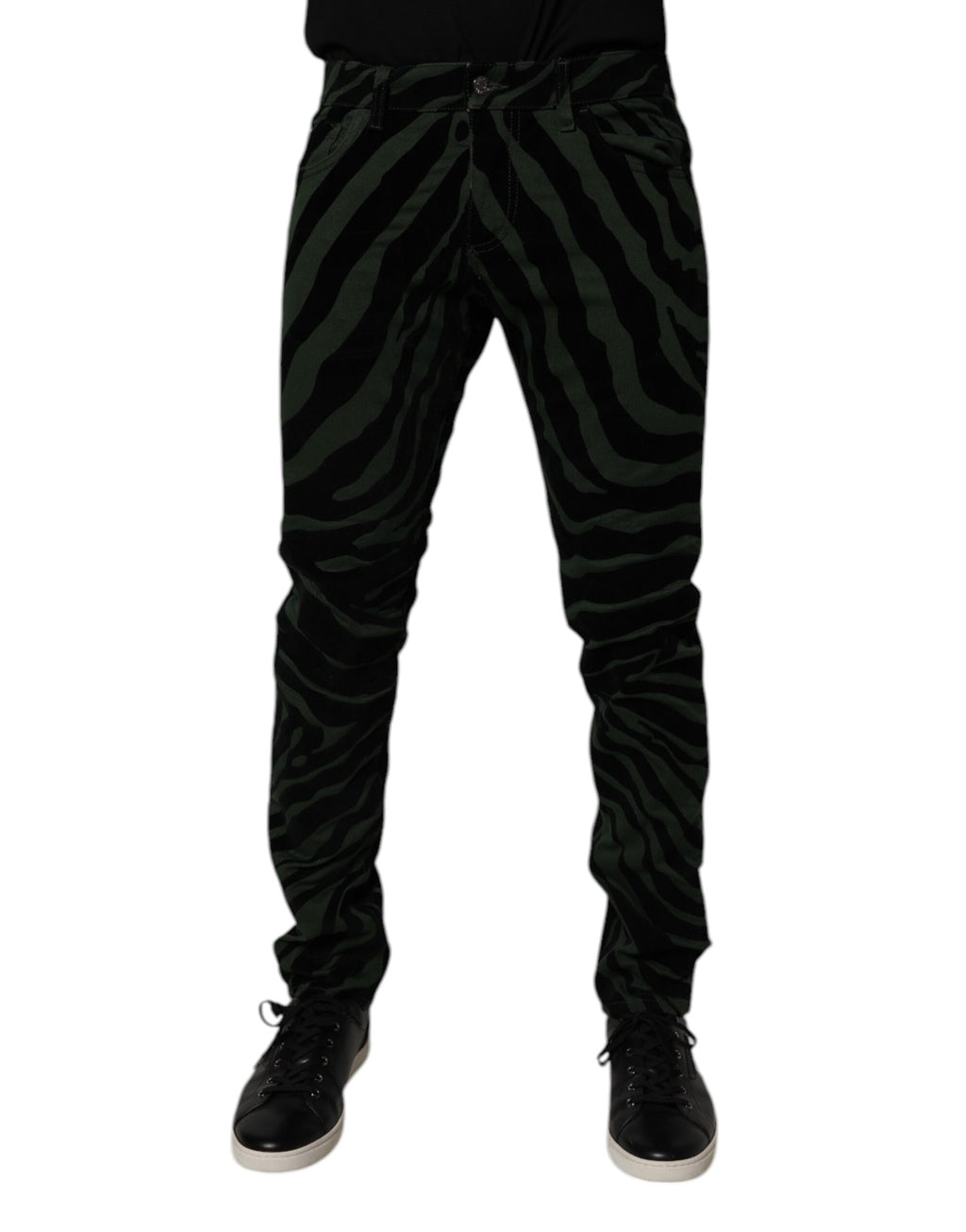 Black Green Stripes Cotton Skinny Denim Jeans