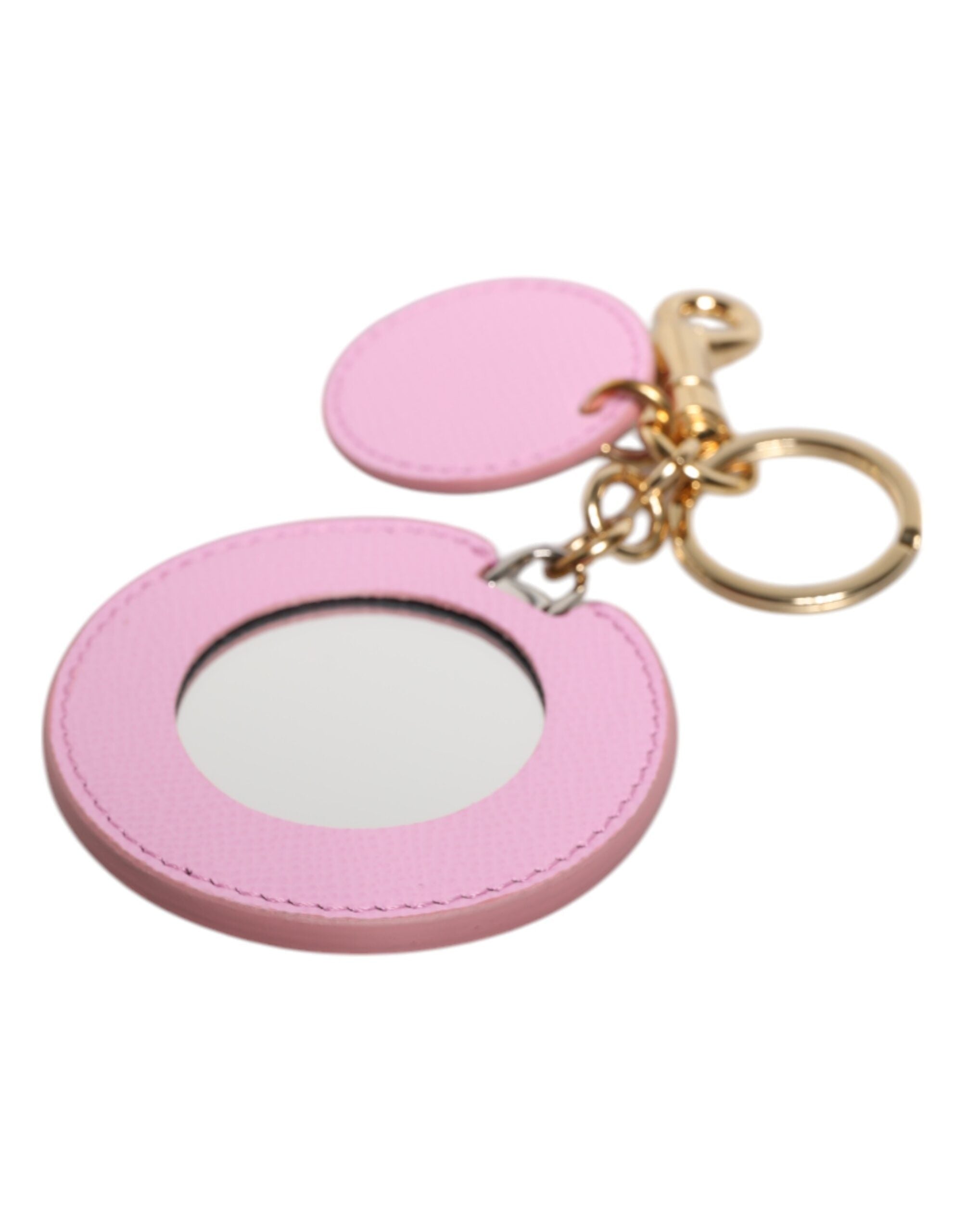 Pink Calf Leather Gold Metal Logo Print Keyring Keychain