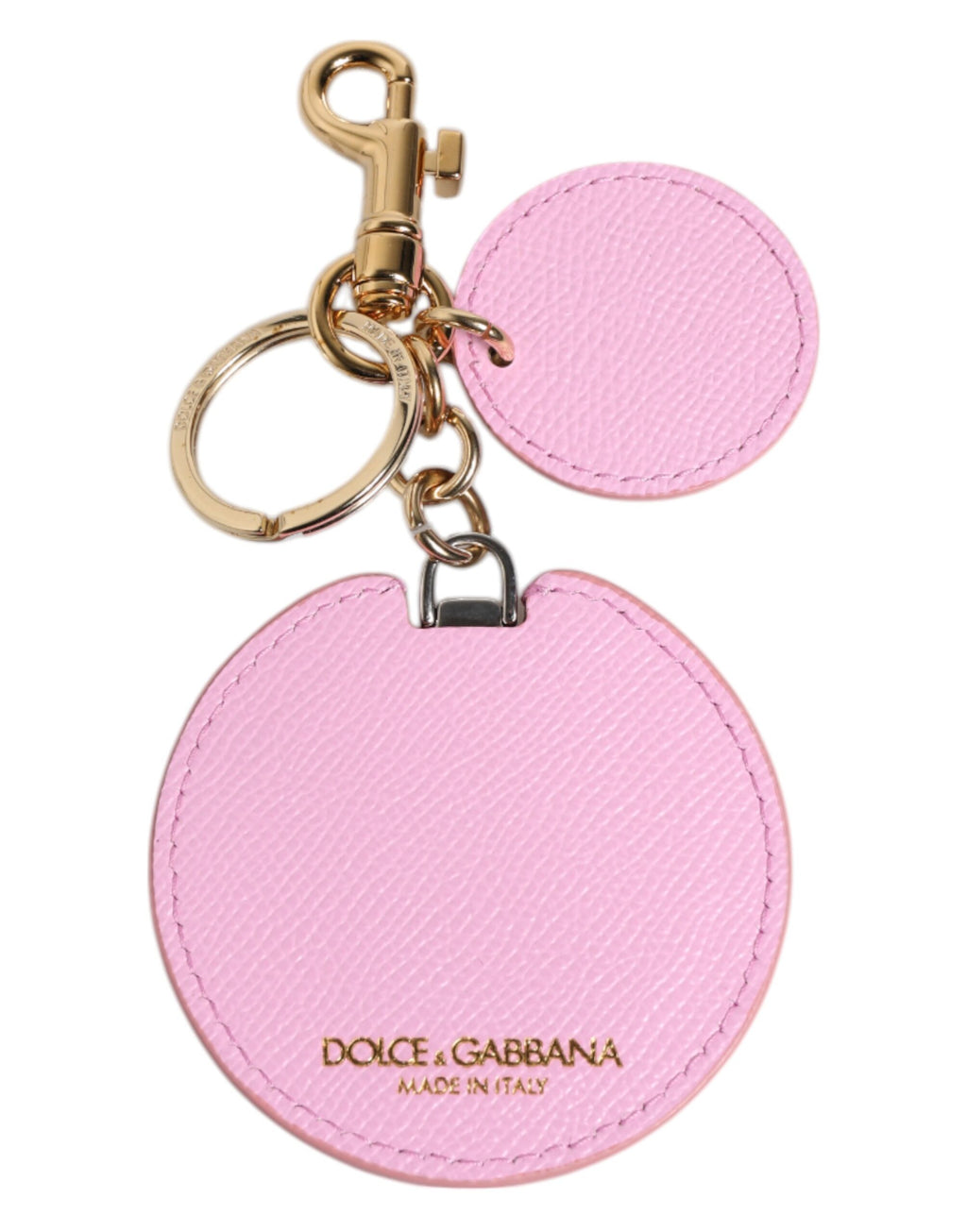 Pink Calf Leather Gold Metal Logo Print Keyring Keychain