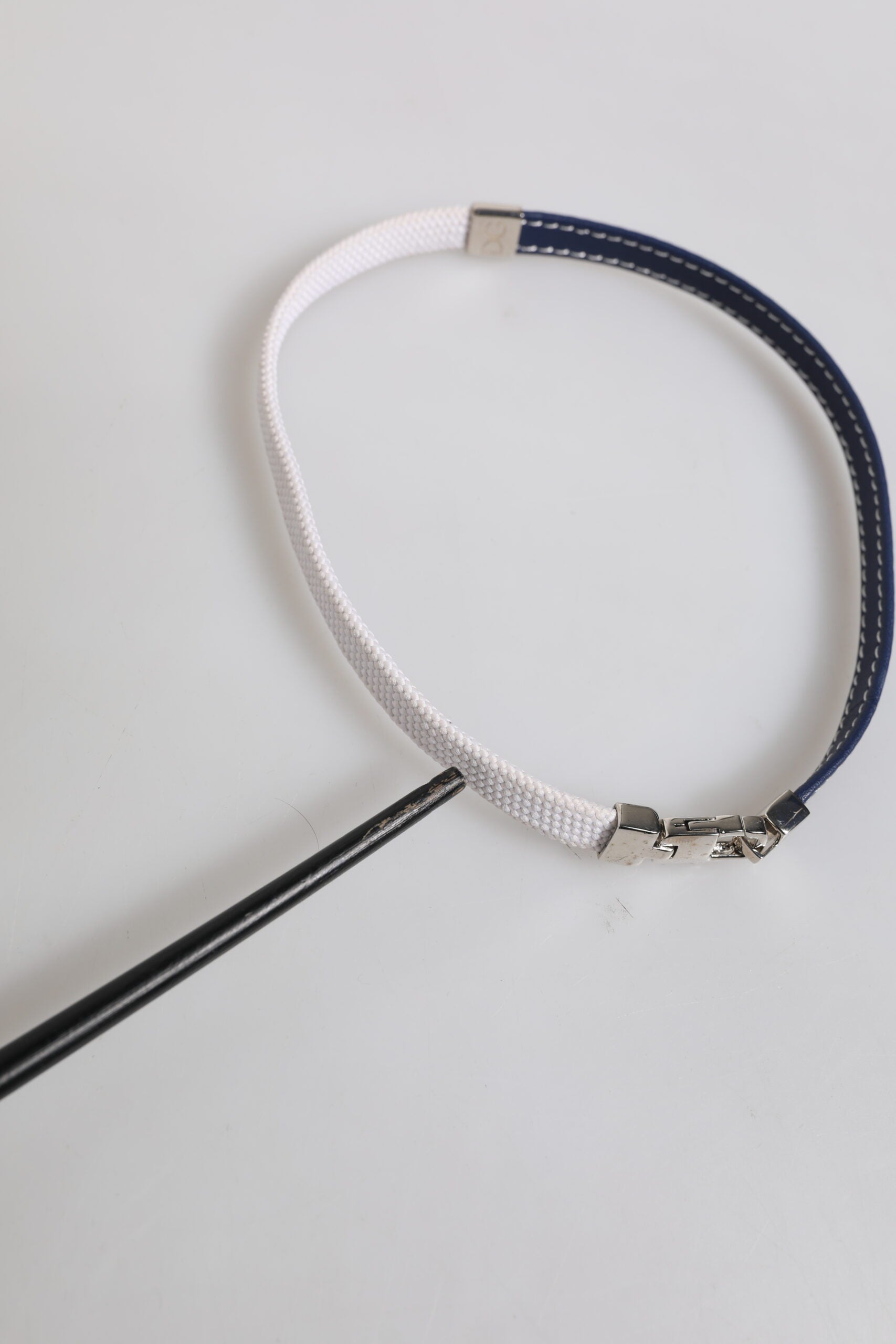 Blue White Leather Trimmed DG Engraved Silver Tone Clasp Bracelet
