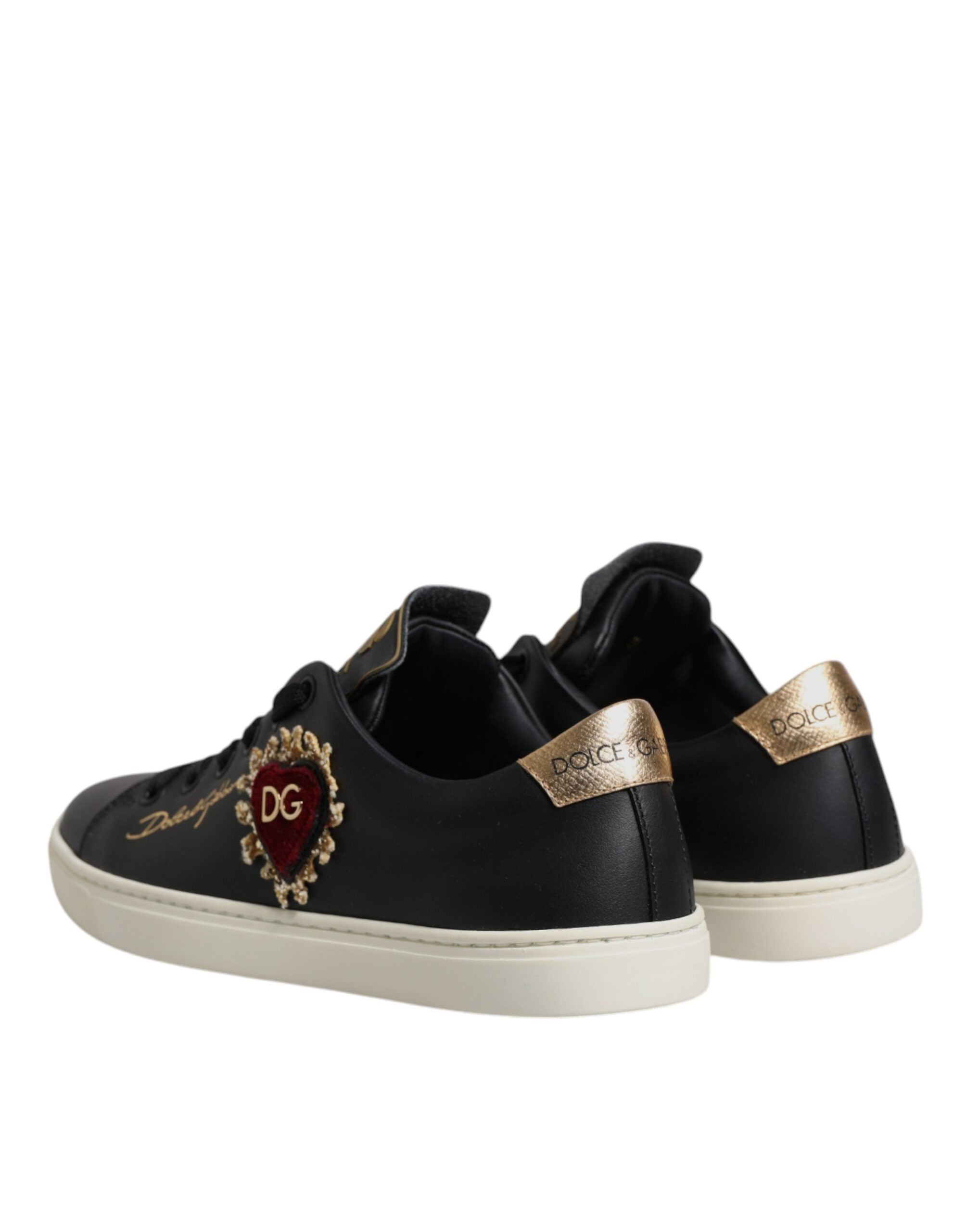 Black Leather Gold Red Heart Sneakers Shoes