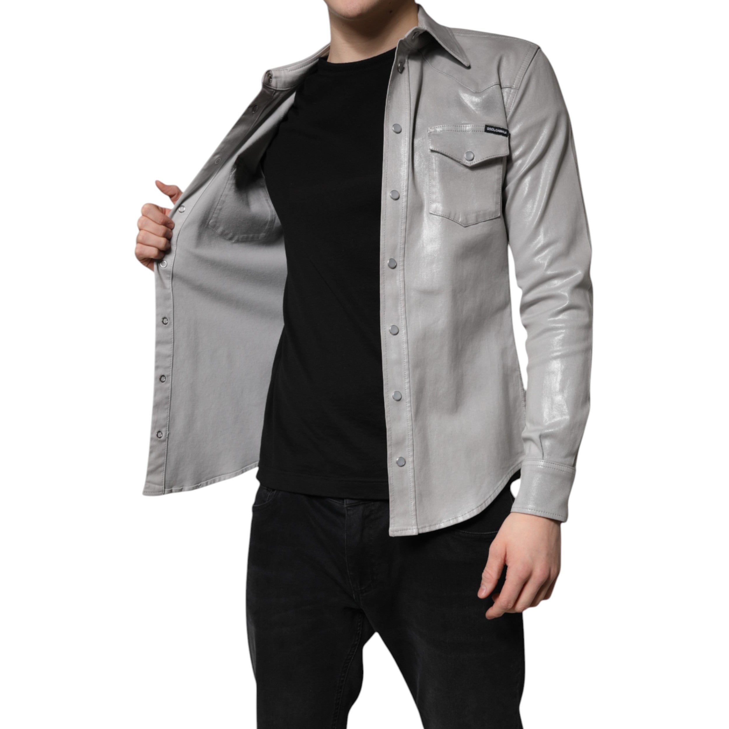 Metallic Gray Cotton Button Down Shirt