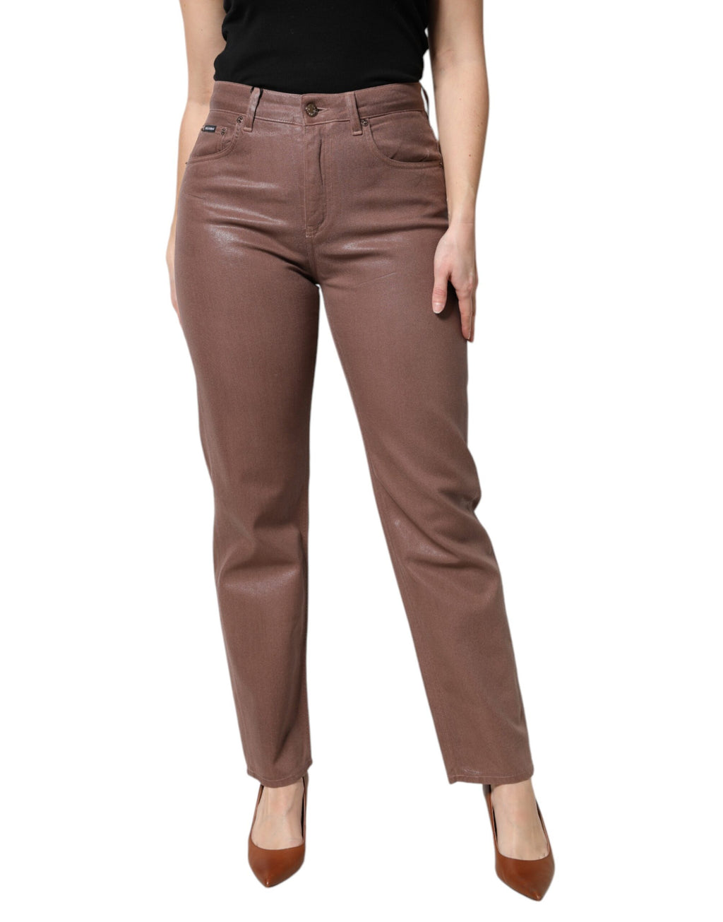 Brown Cotton High Waist Tapered Denim Jeans