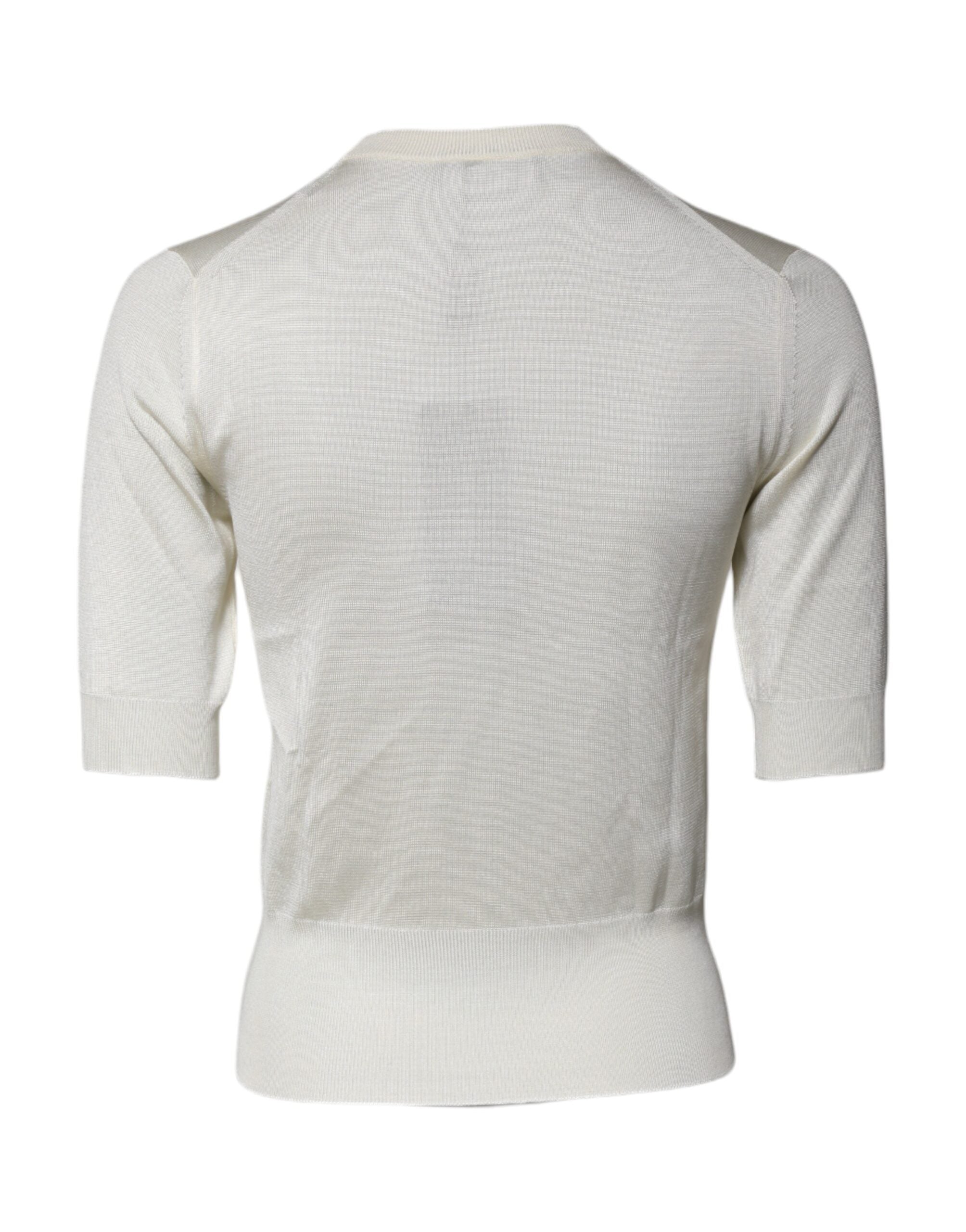 Cream Short Sleeve Silk Round Neck Blouse Top