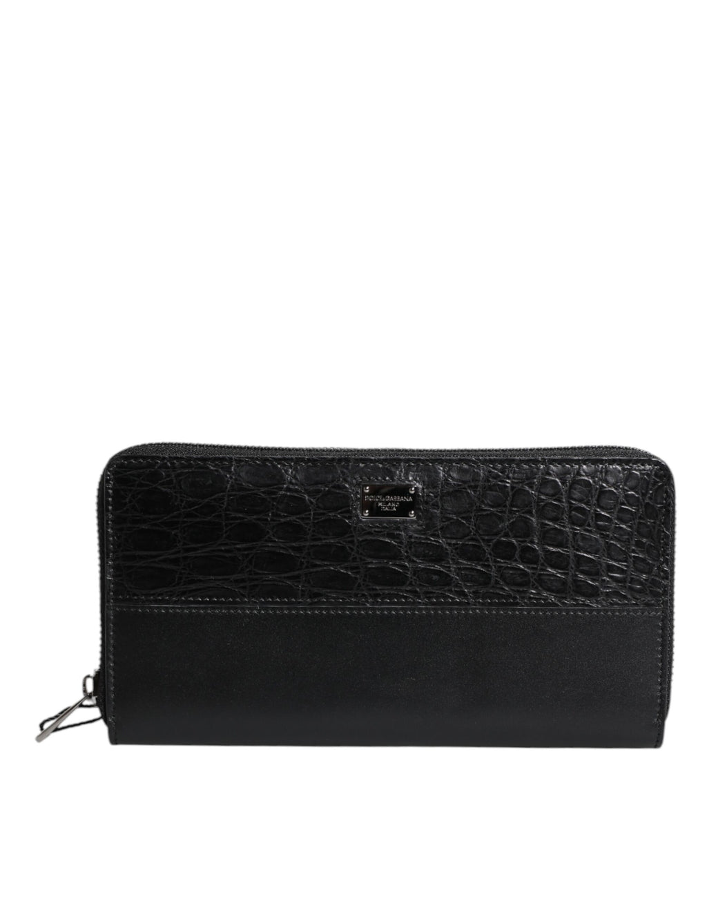Black Leather Logo Plaque Zip Around Continental Wallet