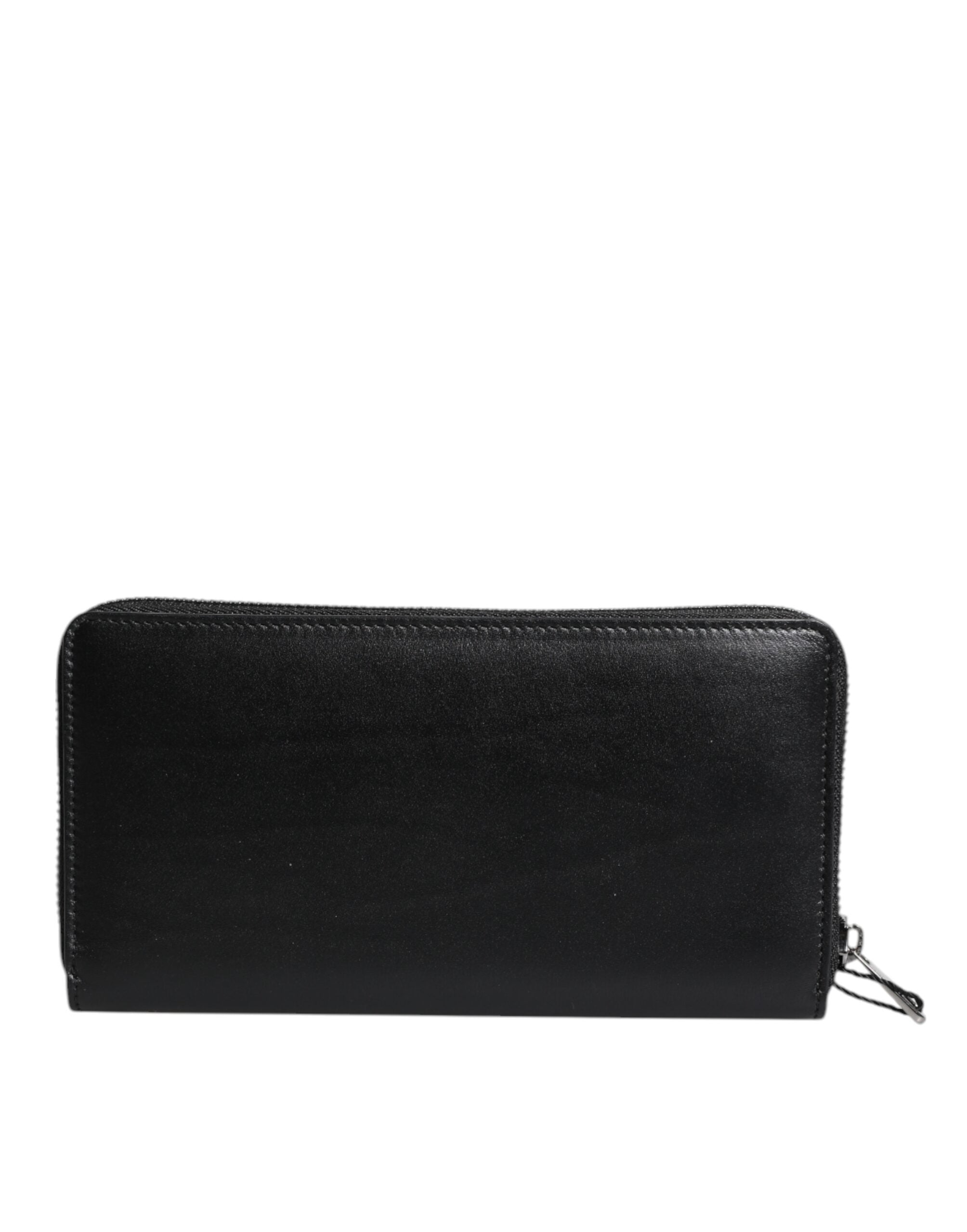 Black Leather Logo Plaque Zip Around Continental Wallet