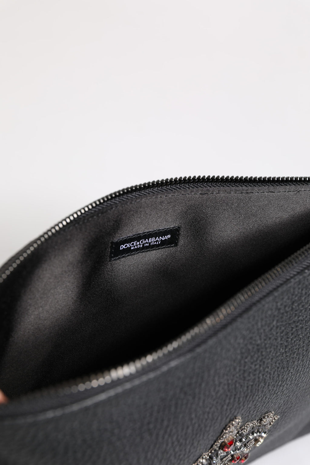 Black Calfskin Crown Embellished Clutch Pouch Bag