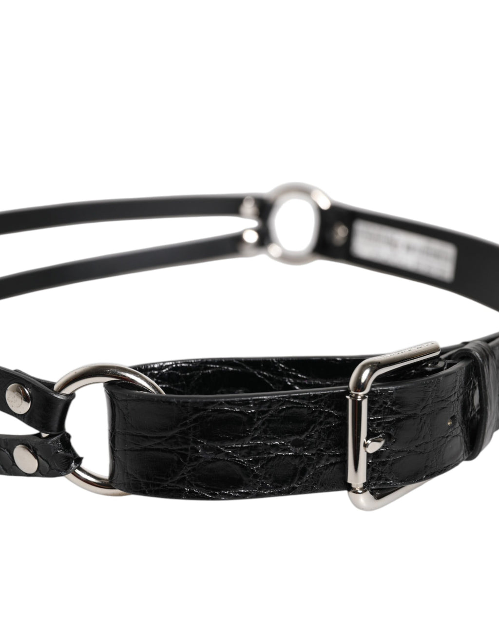 Black Exotic Leather Metal Logo Buckle Belt