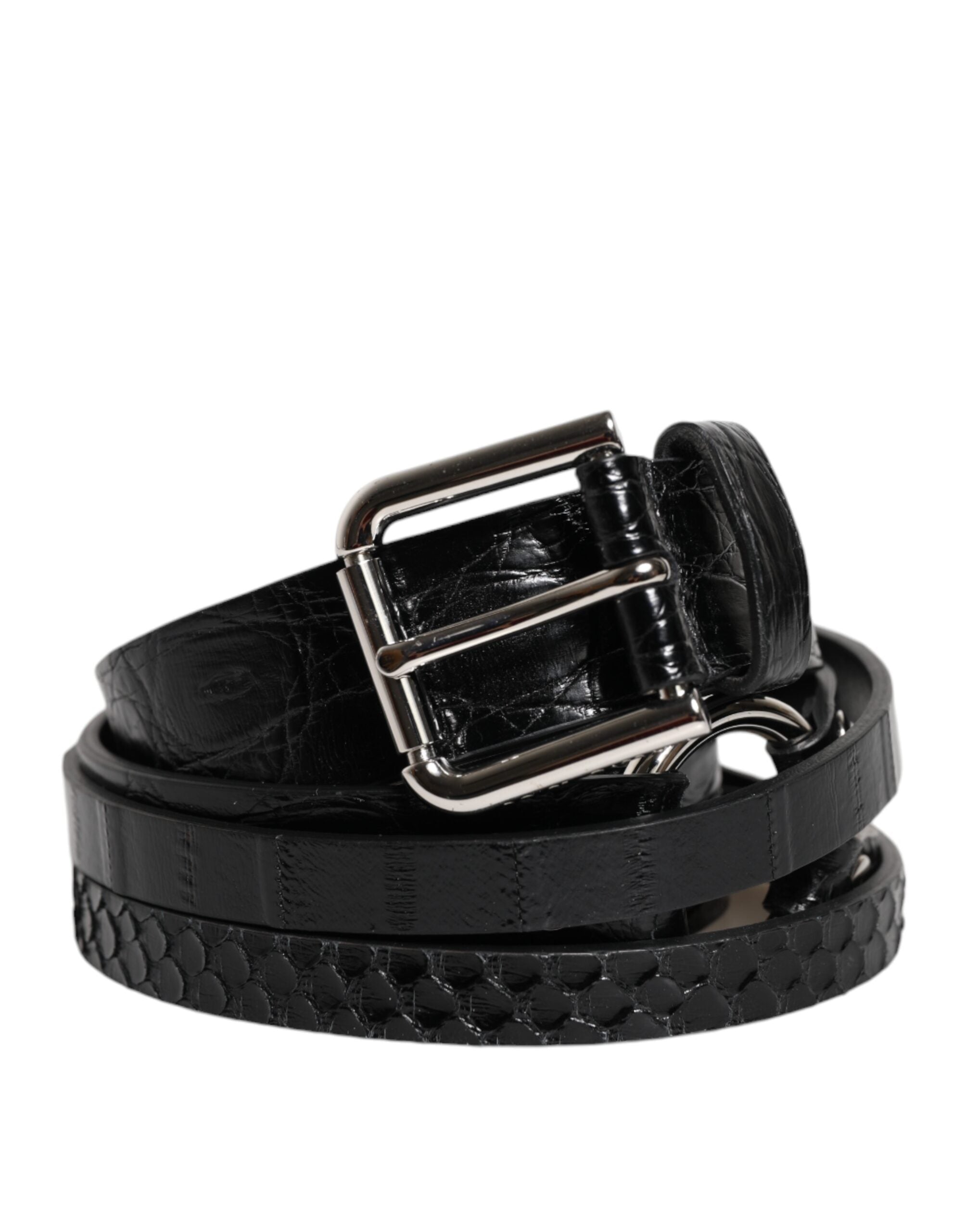 Black Exotic Leather Metal Logo Buckle Belt