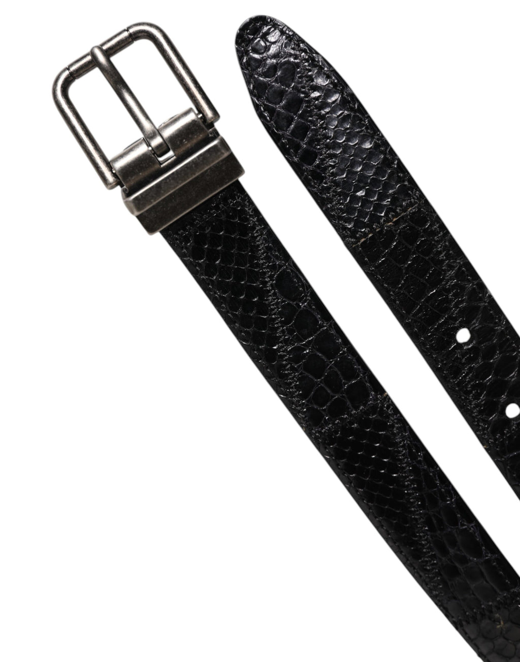 Black Exotic Leather Metal Logo Buckle Belt