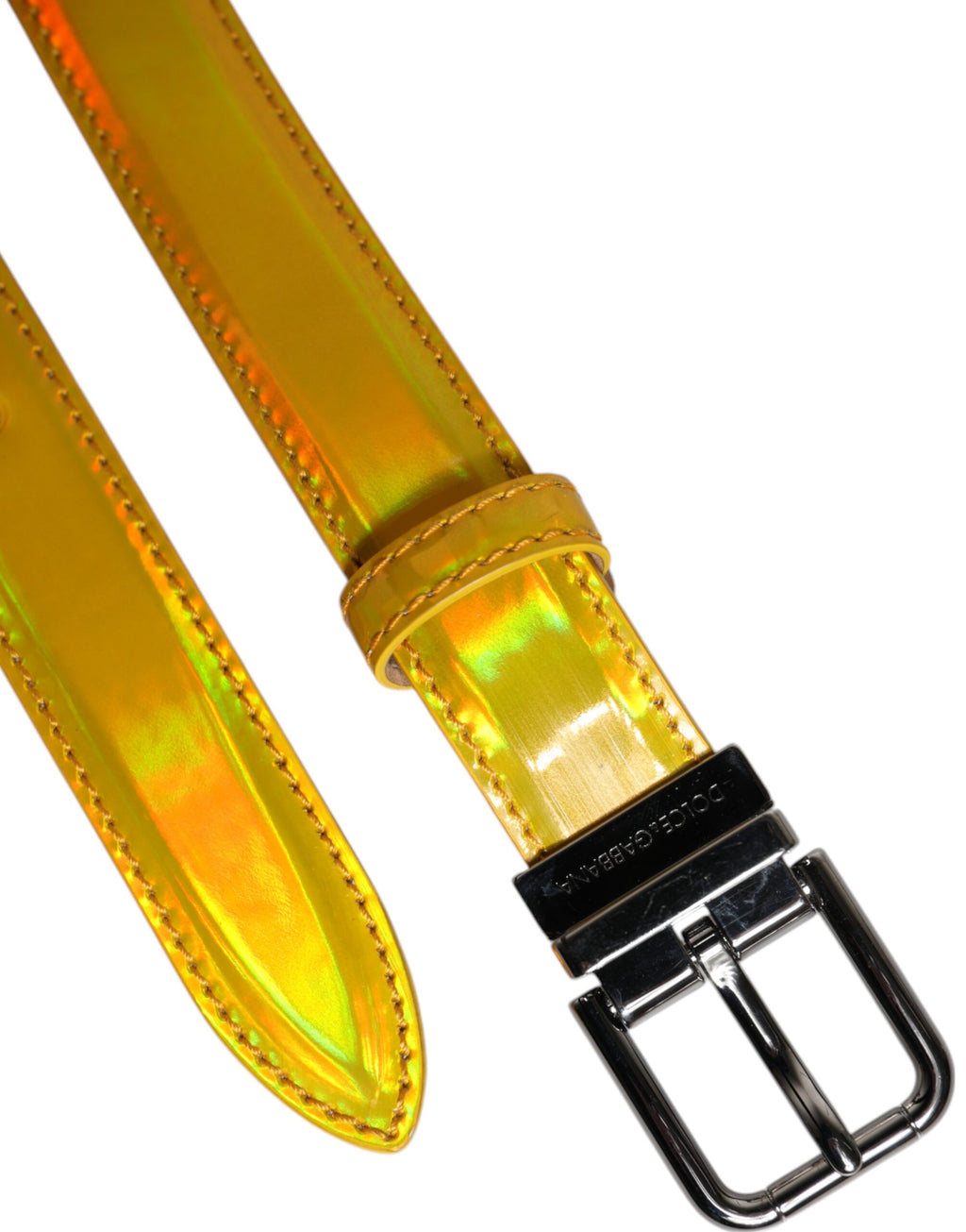 Metallic Yellow Leather Metal Logo Buckle Belt