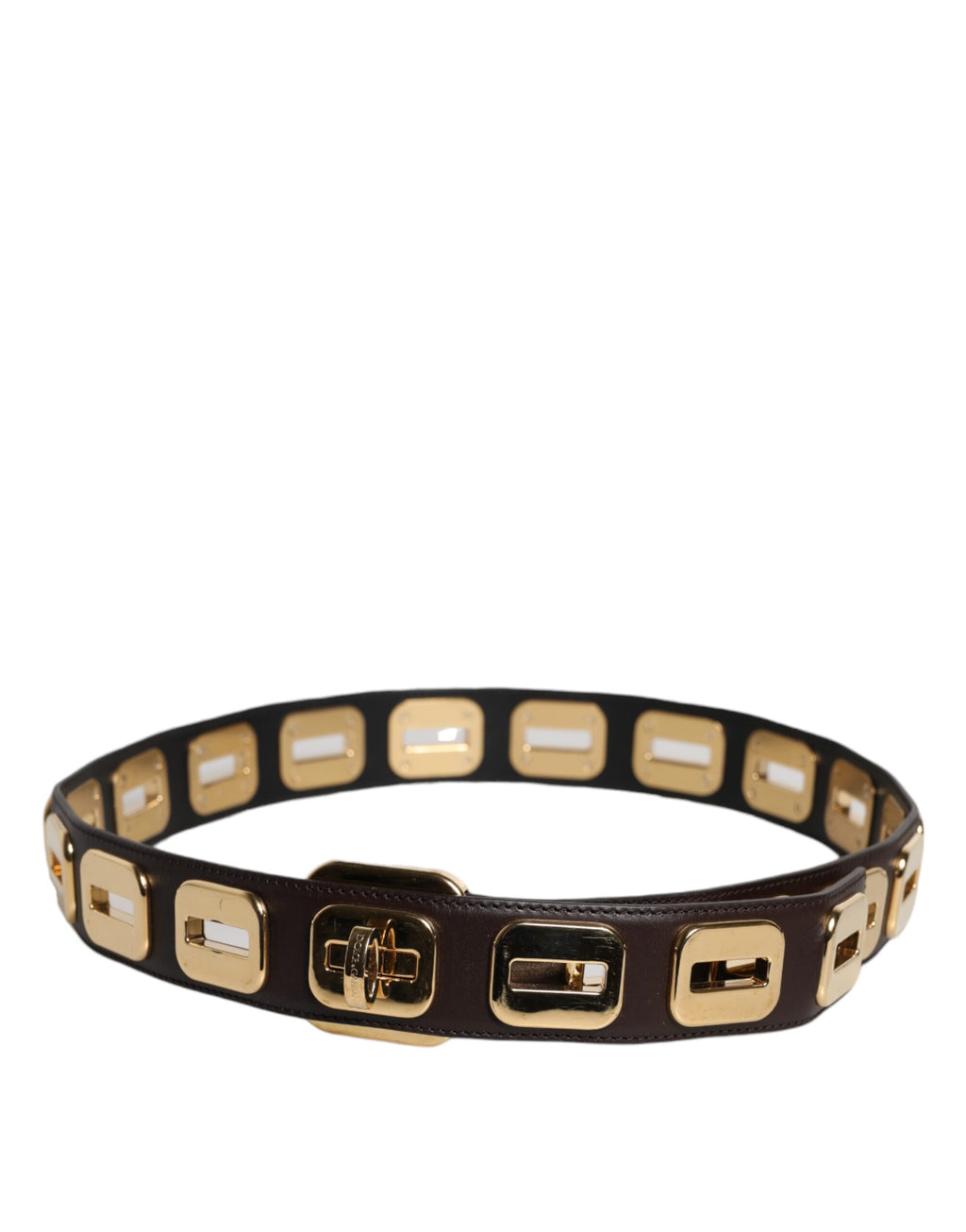 Dark Brown Leather Gold Rotating Buckle Belt