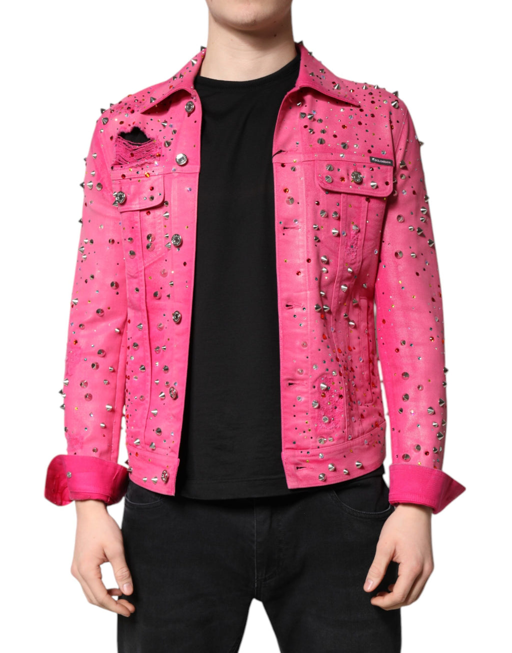 Pink Crystal Embellished Cotton Denim Jacket