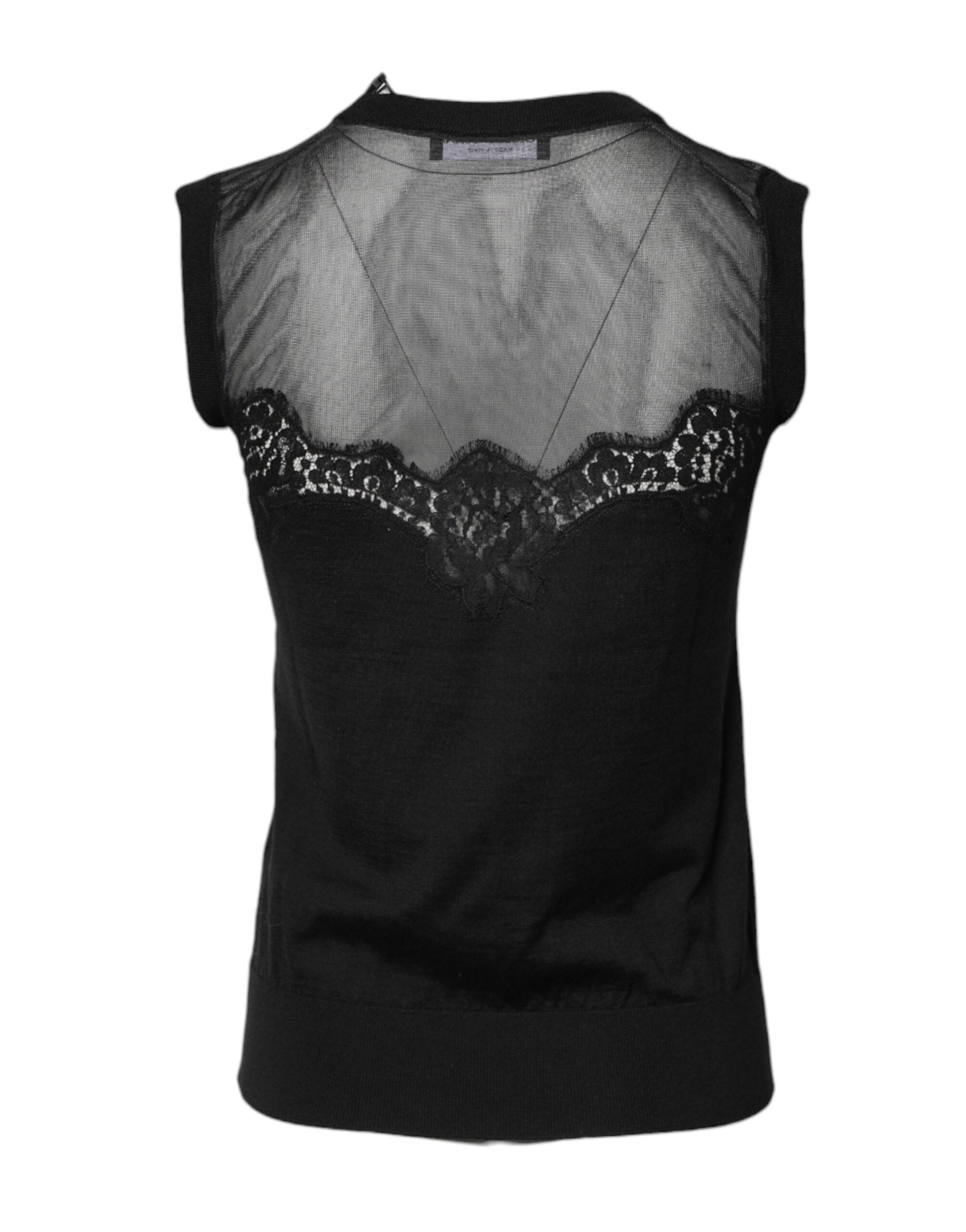 Black Lace Sheer Crew Neck Sleeveless Top