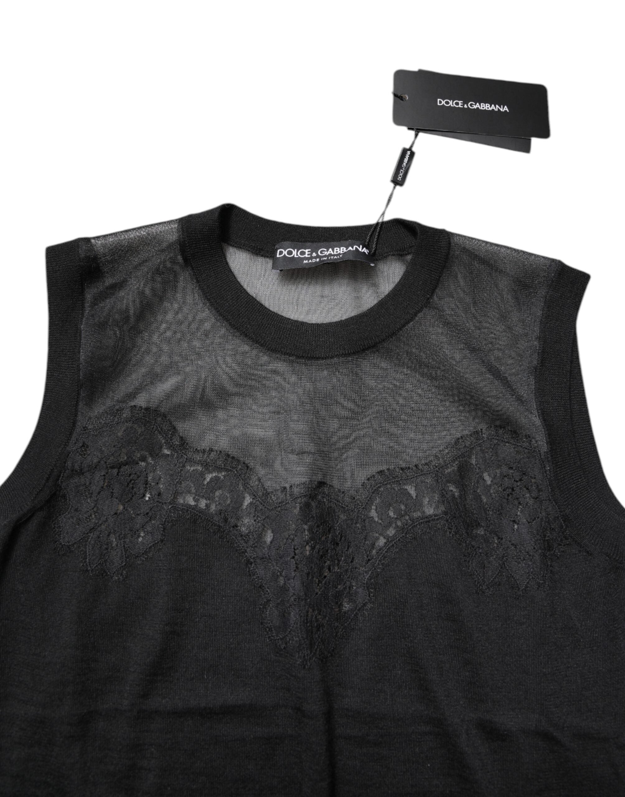 Black Lace Sheer Crew Neck Sleeveless Top