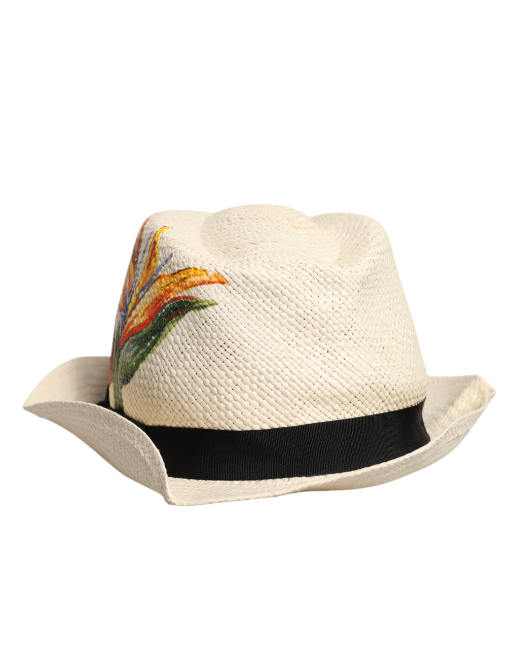 Beige Floral Print Straw Wide Brim Fedora Hat