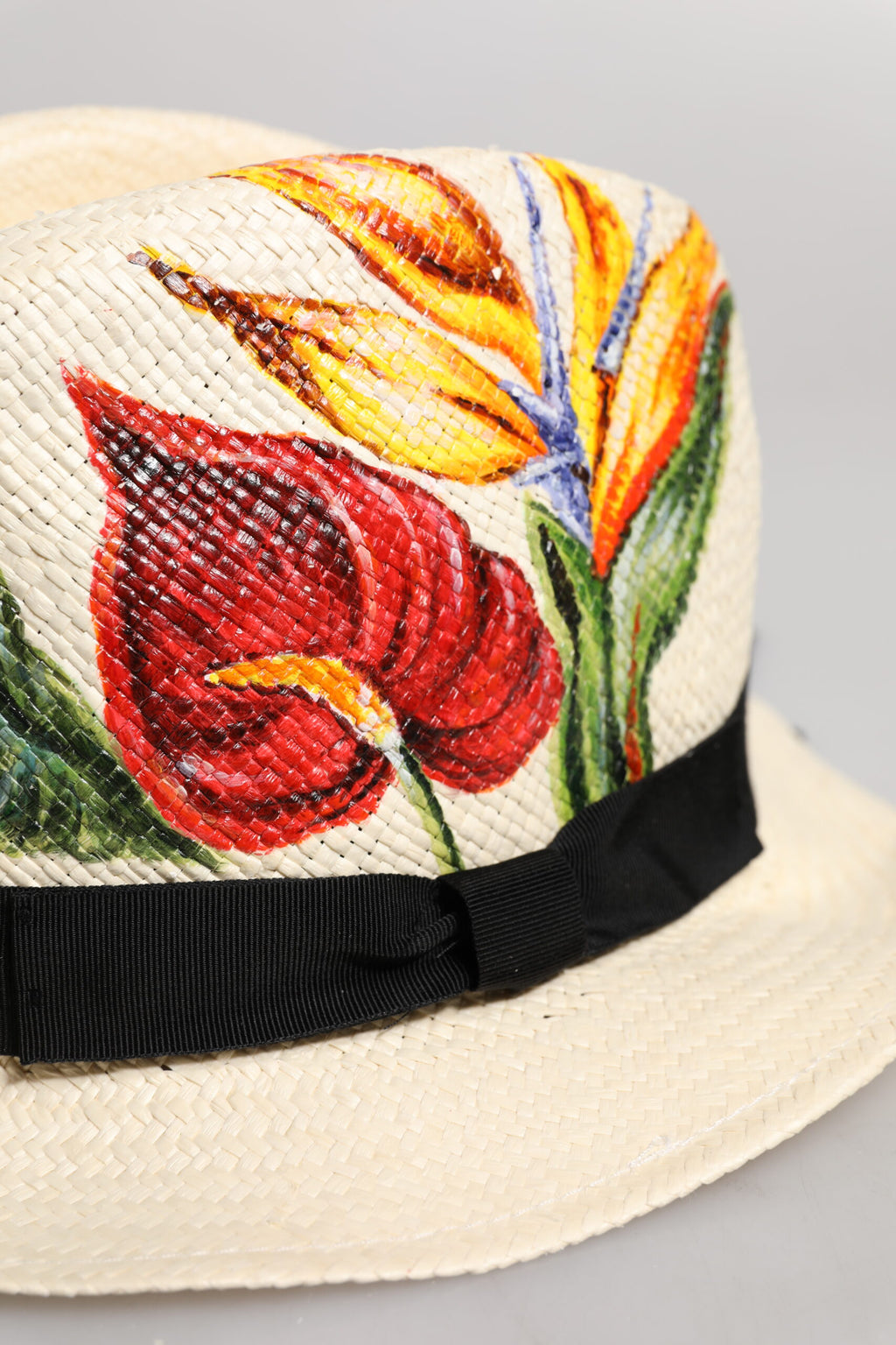Beige Floral Print Straw Wide Brim Fedora Hat