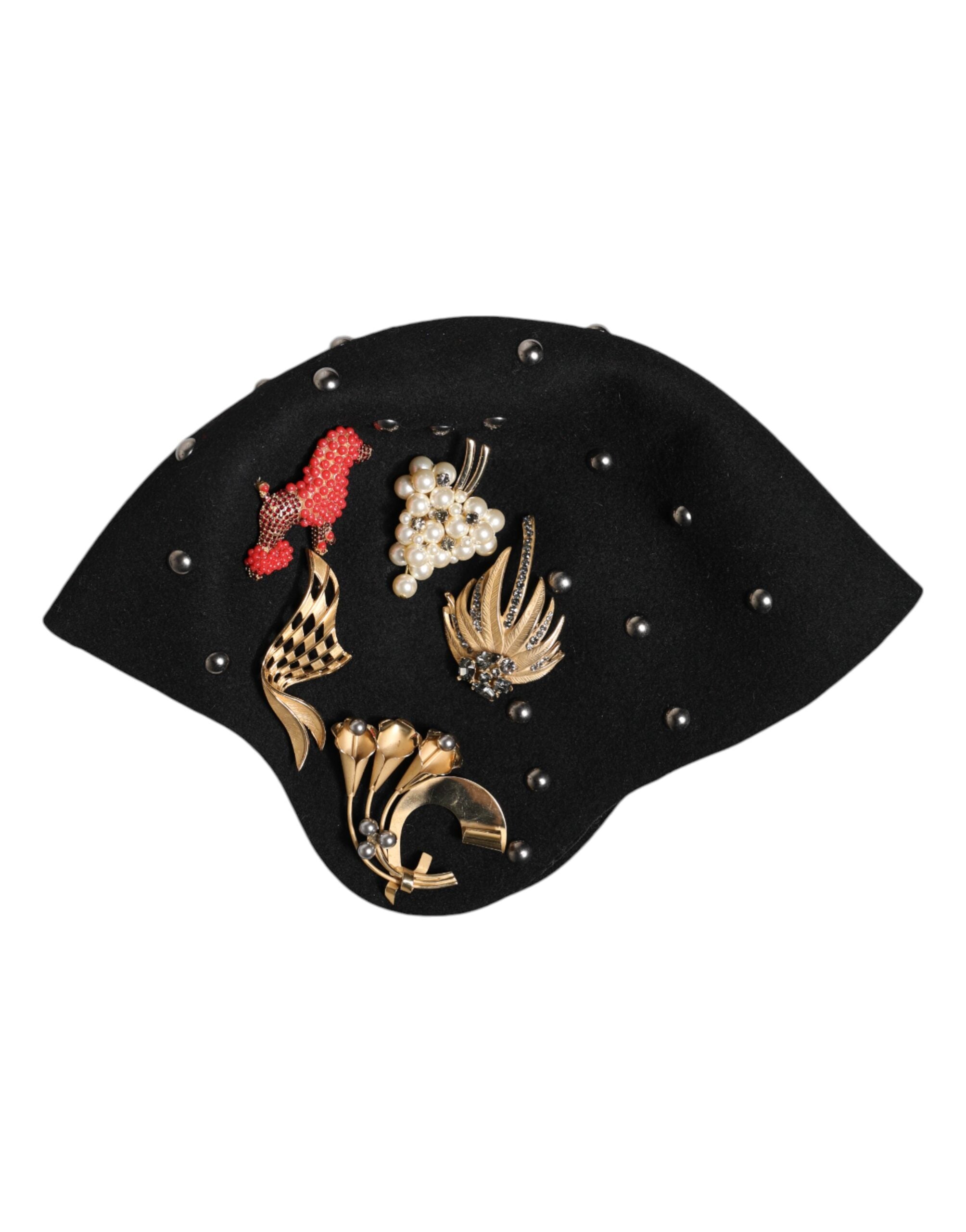 Black Wool Multicolor Embellished Cloche Hat