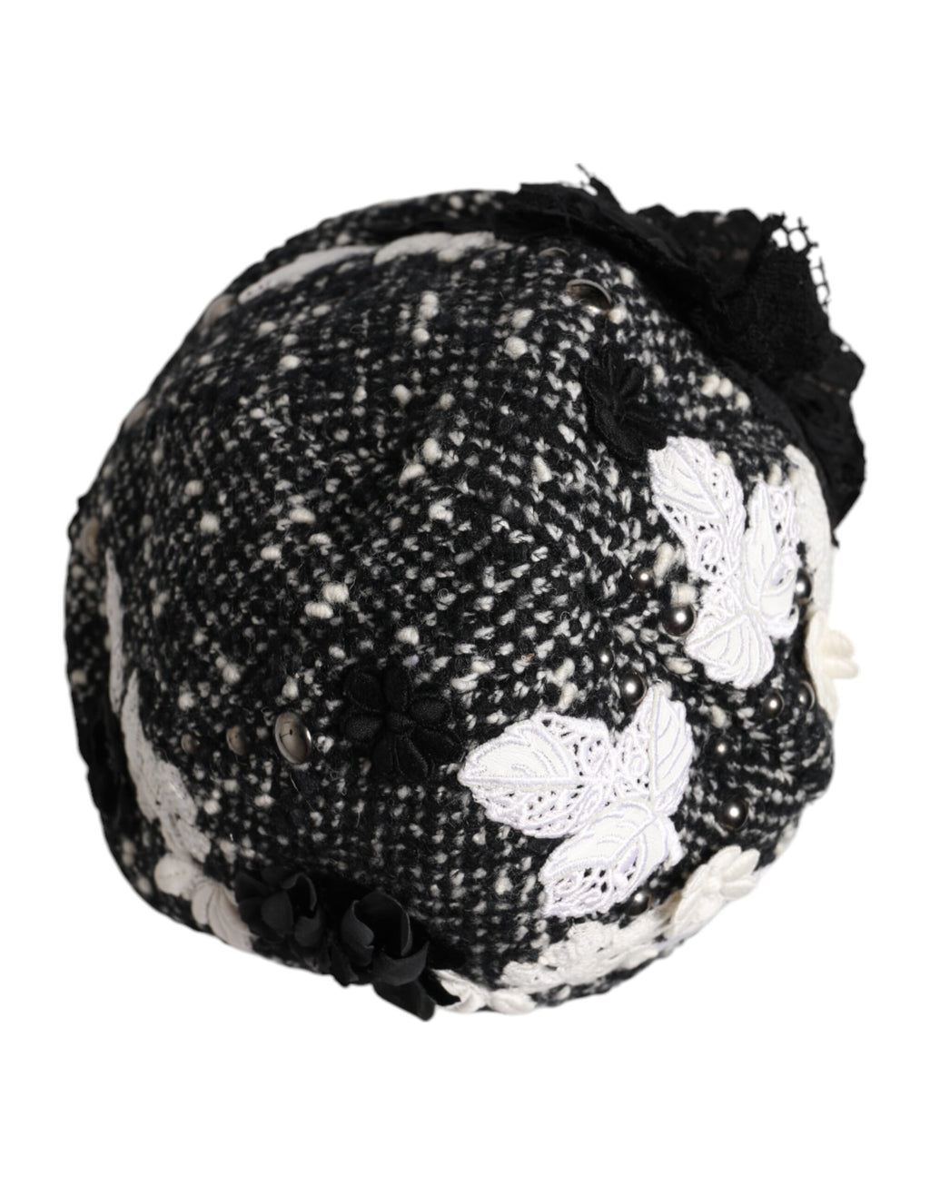 Black Wool White Floral Embellished Cloche Hat